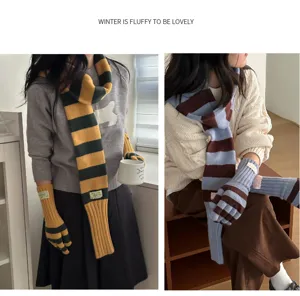 Ensemble écharpe et gants en tricot rayé mignon pour femmes, mode d'hiver chaleureuse.
