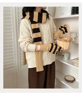 Ensemble écharpe et gants en tricot rayé rétro pour femmes, accessoire de mode chaud d'hiver.