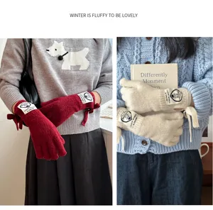 Korean style cute letter patch bow knit gloves, warm split-finger design for outdoor winter.