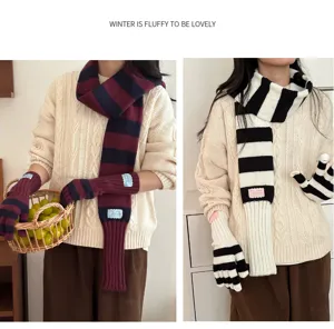 Ensemble écharpe en tricot rayé et gants d'hiver chaud et confortable accessoires femme