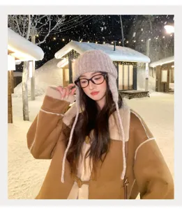 Gorro de punto de invierno estilo coreano para mujer, color sólido cálido y cortavientos.