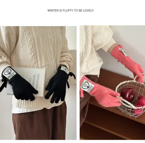 Cozy knit touch screen gloves detail, cute letter patch design, warm winter outdoor wear.