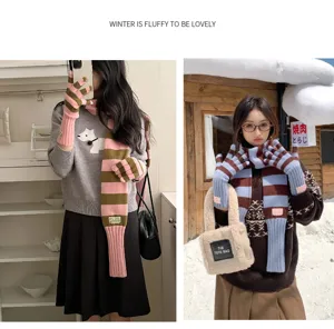 Ensemble écharpe et gants en tricot rayé d'hiver, accessoires rétro mignons pour femmes.