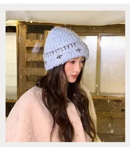 Korean style autumn winter warm versatile knit hat for women, fashionable windproof design.