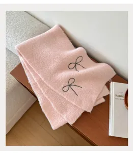 Pink knitted scarf for women with cute bow embroidery, cozy winter warm winter neck wrap.