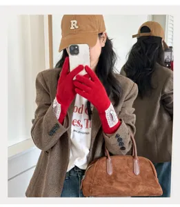 Koreanische Herbst Winter warme rote Strickhandschuhe mit eleganter Spitzenmanschette.