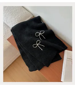 Black knit winter scarf for women with elegant white bow embroidery warm cozy fashion accessory