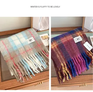 Winter plaid tassel scarf, cozy thick warm winter scarf, retro grid neck warmer for women.