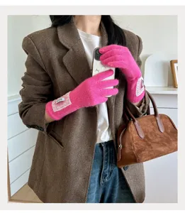 Koreanische rosa Strickhandschuhe mit weißer Spitze, gemütliche Herbst Winter Handschuhe.