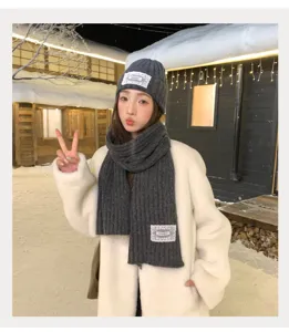 Winter warm dark grey knit beanie and scarf set with lace patch, soft and stylish outdoor wear.