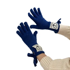 Blue knitted touch screen gloves with cute letter patch and bow knot for women outdoor warm