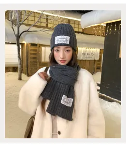 Winter warm knitted hat and scarf set for women solid color lace patch cozy cold weather gear