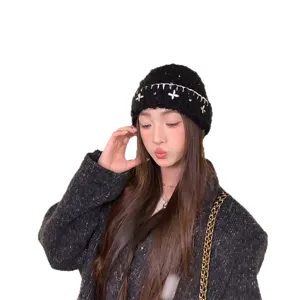 Korean style autumn winter warm knit hat black beanie with white cross embroidery stylish