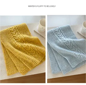 Detailaufnahme des kuscheligen Wollmischgewebe-Strickschals mit klassischem Zopfmuster-Design.