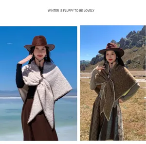 Ethnic winter plush thick warm shawl cape for women windproof fashion outdoor photo wear.