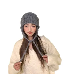 Gorro de punto gris estilo coreano para mujer, sombrero cálido de otoño invierno a prueba de viento