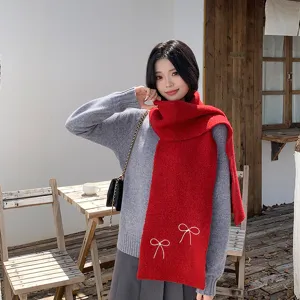 Women Winter Warm Knitted Scarf Casual Commute Solid Color Bow Embroidery Fashion Long Soft Daily Scarf Wrap Neckwear