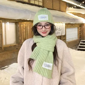 Winter Warm Knitted Beanie Hat And Scarf Set For Women Solid Color Lace Patch Thermal Cold Weather Hat Scarf