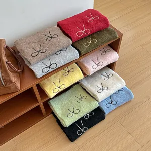 Women winter knitted scarf with cute bow embroidery, cozy warm thermal wrap shawl.