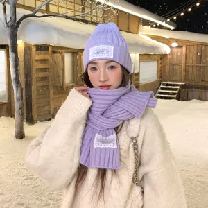 Winter purple knitted beanie scarf set with lace label warm thick wool hat cozy winter neck warmer