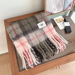 Cozy autumn winter plaid scarf with fringe, grey and pink checkered warm oversized neck wrap.