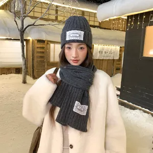 Winter warm knit beanie and scarf set solid color lace patch cold proof stylish women apparel