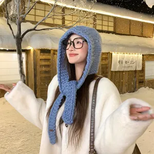 Donna inverno caldo spesso lavorato a maglia cappuccio sciarpa cappello blu antivento.