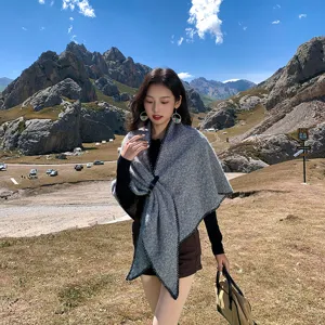 Women Winter Warm Wool Blend Shawl Ethnic Style Thickened Windproof Cape Poncho Casual Wrap Scarf Apparel