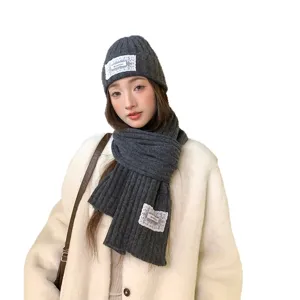 Women winter warm dark grey knit beanie hat and scarf set with sweet white lace patch decor.