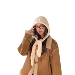 Donna inverno spessa fatto a mano lavorato a maglia cappello con cappuccio caldo moda