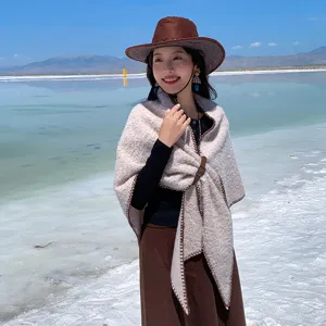 Ethnic style thick warm winter shawl cape for women, stylish outdoor travel photography cloak.