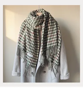 Womens classic houndstooth tassel scarf autumn winter warm neck wrap fringe stylish plaid