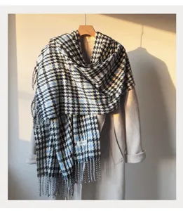 Classic houndstooth winter scarf for women, warm tassel shawl and cozy neck warmer.