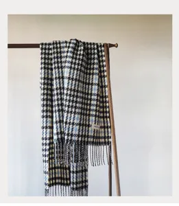 Classic houndstooth plaid tassel scarf for women, cozy winter warm shawl wrap accessory.
