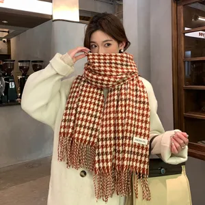 Red and white houndstooth winter scarf women warm tassel neck wrap cozy fashion accessory