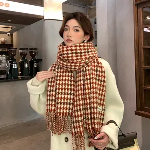 Women winter warm houndstooth plaid scarf tassel fringe cozy holiday Christmas gift for women
