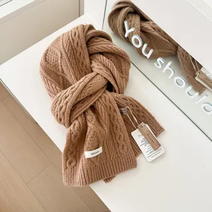Cozy brown cable knit wool scarf for women winter warm thermal neck wrap stylish accessory