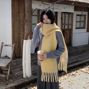 Women's warm winter wool blend scarf with tassel design, cozy and elegant daily wear item.