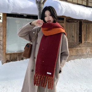 Women's color block wool blend scarf winter warm cozy fringe tassel stylish fashion accessory