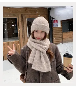 Conjunto de bufanda y gorro de punto grueso estilo coreano para mujer, accesorio de invierno.