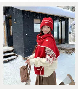 Cozy winter red knit hat and matching scarf detail showcasing soft cozy texture in snow