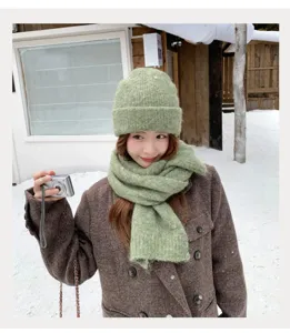 Conjunto de gorro y bufanda de punto de invierno coreano para mujeres, bufanda de lana gruesa.