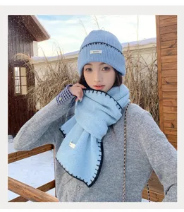 Korean fashion knit beanie and scarf set women autumn winter warm cozy blue headwear accessory
