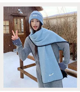 Korean style winter warm knitted beanie and scarf two piece set for women light blue