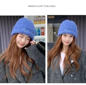 Korean style pearl knit beanie hat, winter thick warm wool hat for women detail view.