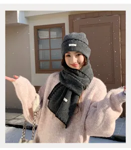Korean style winter warm knit hat and scarf two piece set for women casual fashion grey accessory