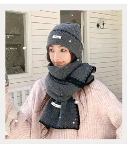 Korean style winter knitted hat and scarf set for women, warm and cozy grey accessories.