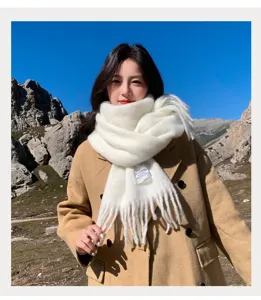 Damen weiß einfarbig Quasten Schal Herbst Winter warm weich gemütlich stilvoll Lässig Tuch