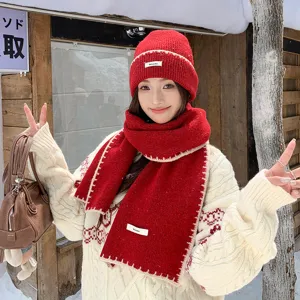 Women Winter Warm Knitted Hat And Scarf Set Korean Casual Solid Color Cold-Proof Beanie Scarf Two-Piece Set