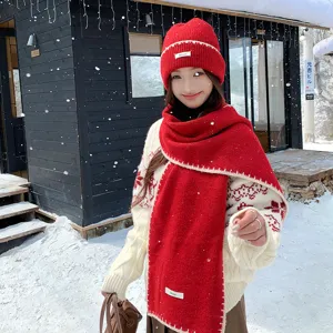 Korean style women's winter knitted beanie and warm red scarf set for cold weather daily wear.